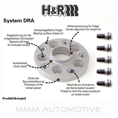 Silver aluminum wheel spacer with four holes, labeled features including tapered bolt holes and center alignment, designed for track widening of 50mm per axle.