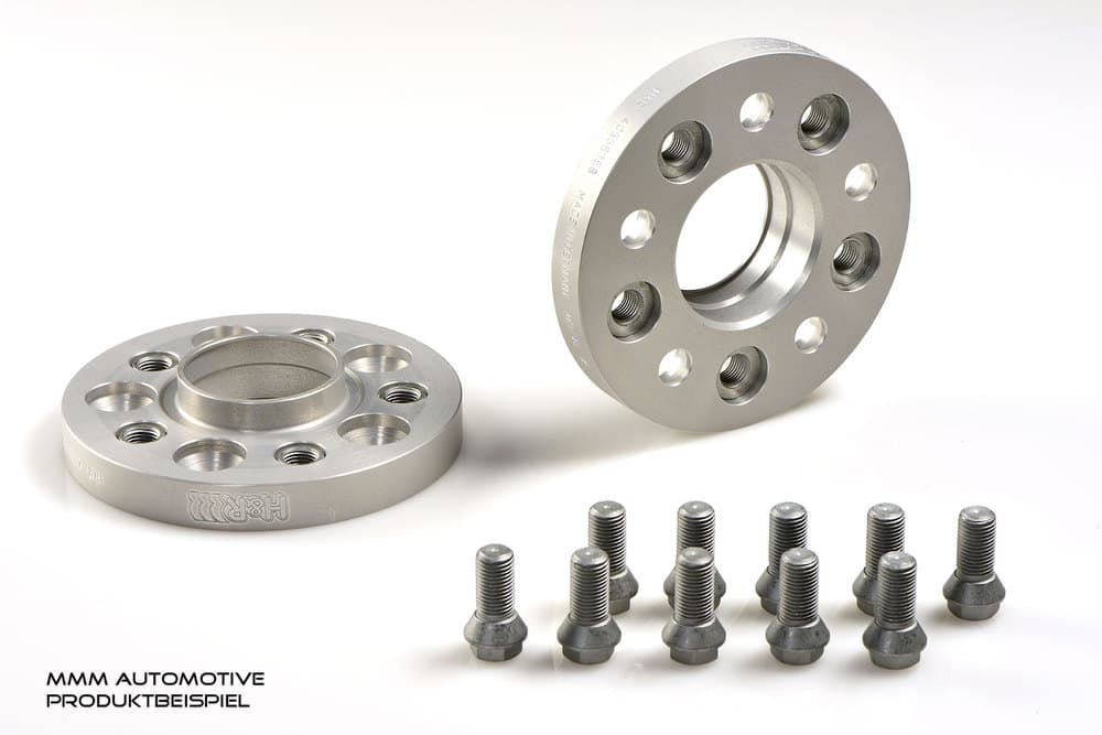 Silver aluminum wheel spacers with five holes, labeled H&R, accompanied by ten matching bolts, designed for a 25mm track widening per side.