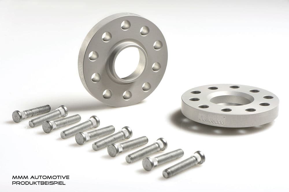 Silver aluminum wheel spacers with five holes, accompanied by ten metallic bolts, designed for track widening of 10mm per axle.