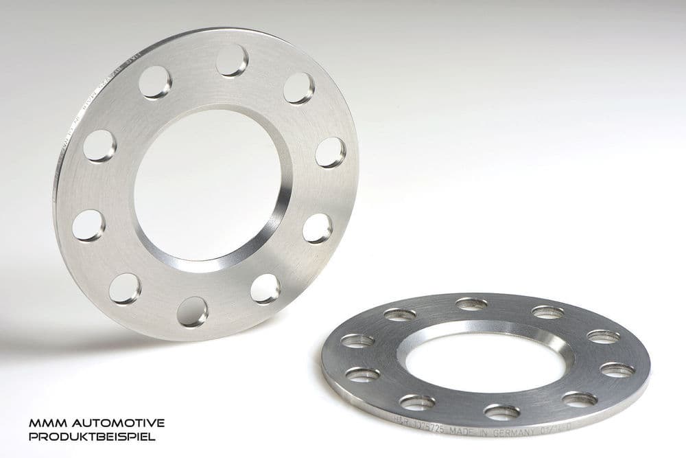 Silver aluminum wheel spacers with a smooth finish, featuring five holes and a central opening, designed for track widening of 10mm per axle.