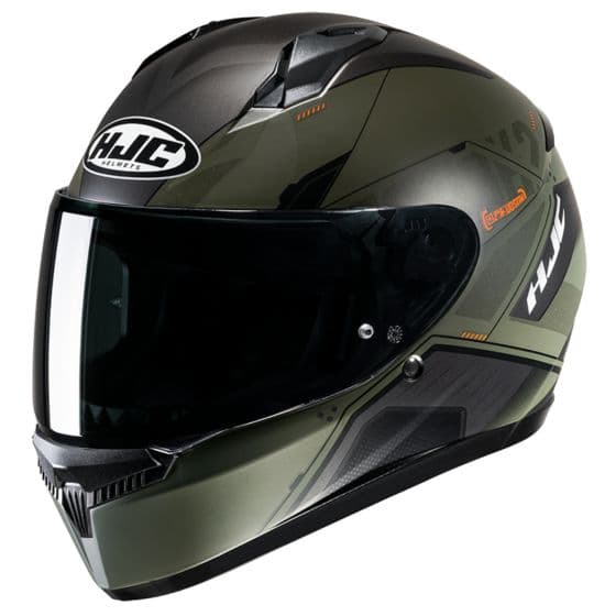 HJC C10 Graphic Motorcycle Helmet in Inka Orange features a sleek design with green and orange accents, a glossy finish, and a large visor for enhanced visibility.