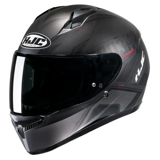 HJC C10 Graphic Motorcycle Helmet in Inka Red and black, featuring a sleek design, large size (58-59cm), and a tinted visor for enhanced visibility and protection.