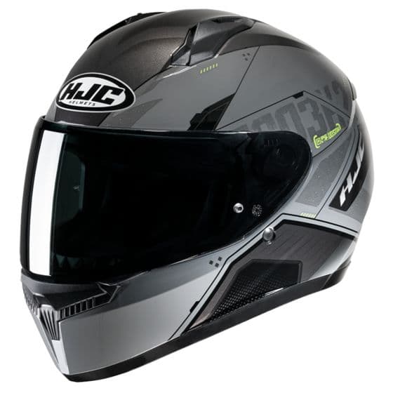 HJC C10 Inka full face helmet in yellow and black, featuring a sleek aerodynamic design, tinted visor, and ventilation ports for optimal airflow.