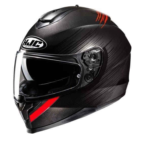 Black full face motorcycle helmet with red accents, featuring a glossy finish, aerodynamic design, and a clear visor for enhanced visibility.