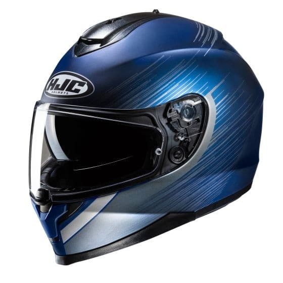 Blue full-face motorcycle helmet with a sleek design, featuring a glossy finish, aerodynamic shape, and a clear visor, accented by silver and darker blue graphic lines.