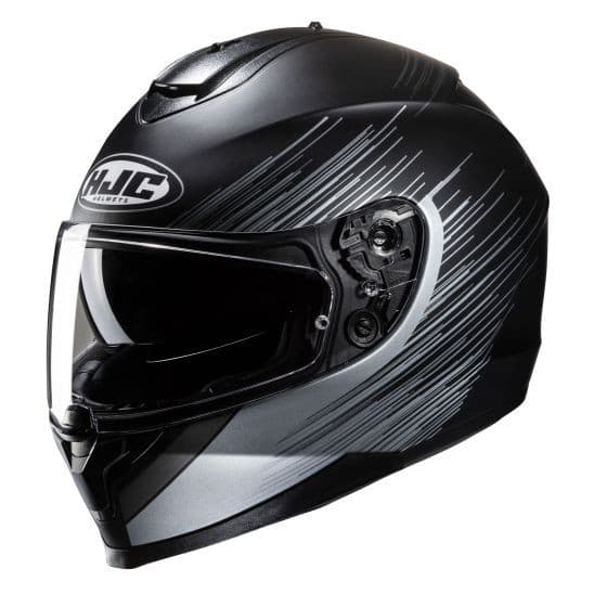 Black full face motorcycle helmet with sleek silver stripes, featuring a clear visor, adjustable vents, and a glossy finish, designed for safety and style.