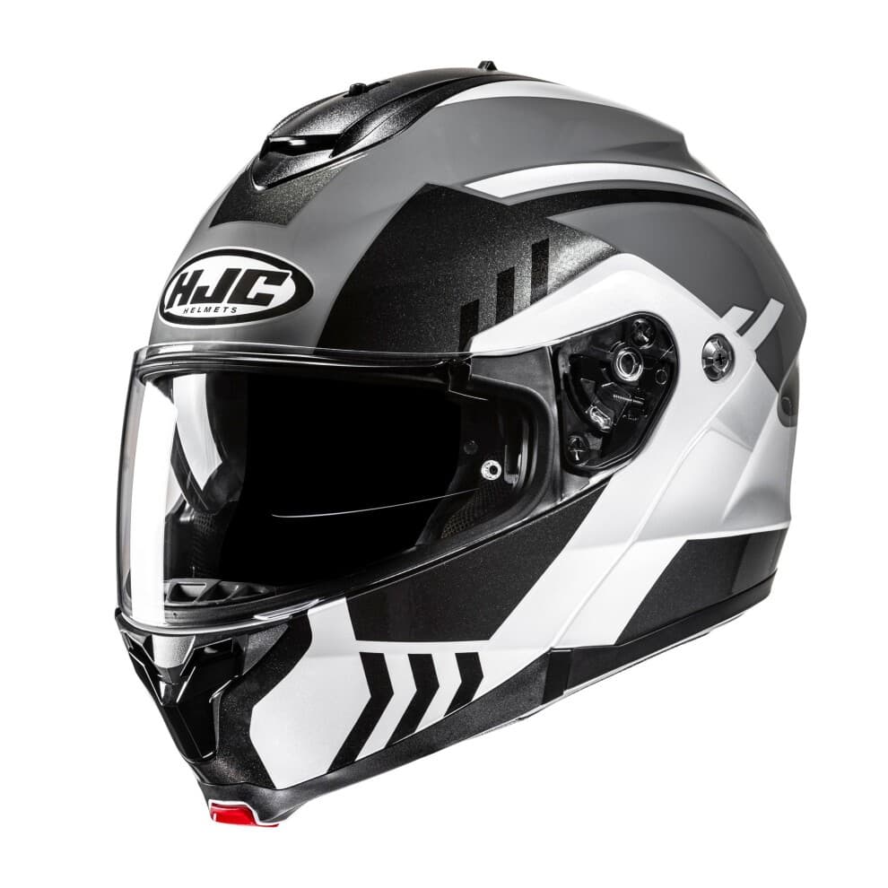 Black and silver HJC C91N Kaon flip-front motorcycle helmet featuring a glossy finish, aerodynamic design, integrated visor, and ventilation ports.