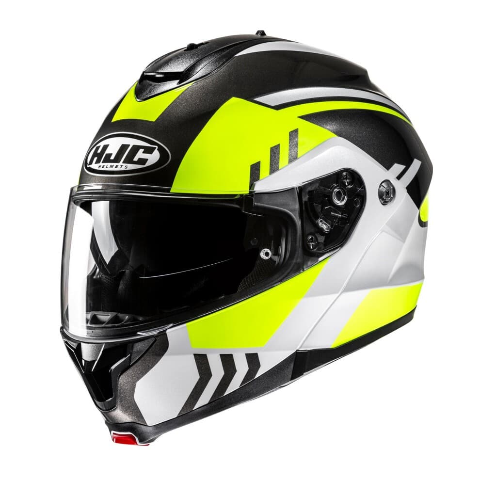 C91NKYS - HJC C91N Kaon Flip Front Motorcycle Helmet in vibrant yellow and black, featuring a sleek aerodynamic design, clear visor, and ventilation ports.