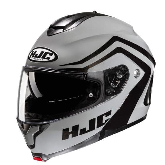 Black and silver HJC C91N Nepos flip-up motorcycle helmet featuring a sleek design, tinted visor, and ventilation ports for comfort and safety.
