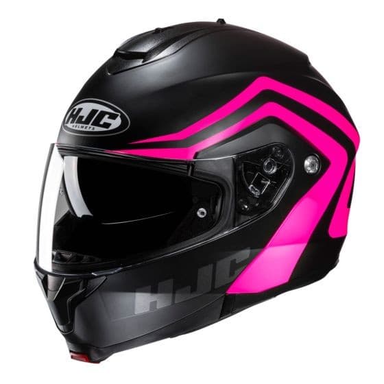 Black flip-up motorcycle helmet with bold pink accents, featuring a clear visor, ventilation ports, and HJC branding on the side.