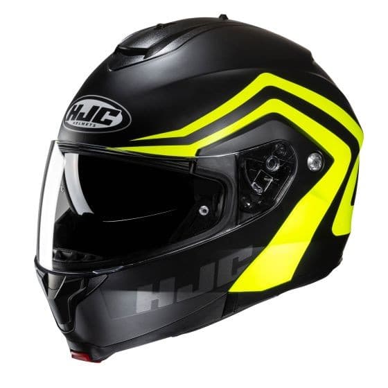 Black and yellow flip-up motorcycle helmet with a glossy finish, featuring a clear visor, ventilation ports, and bold HJC branding on the side.