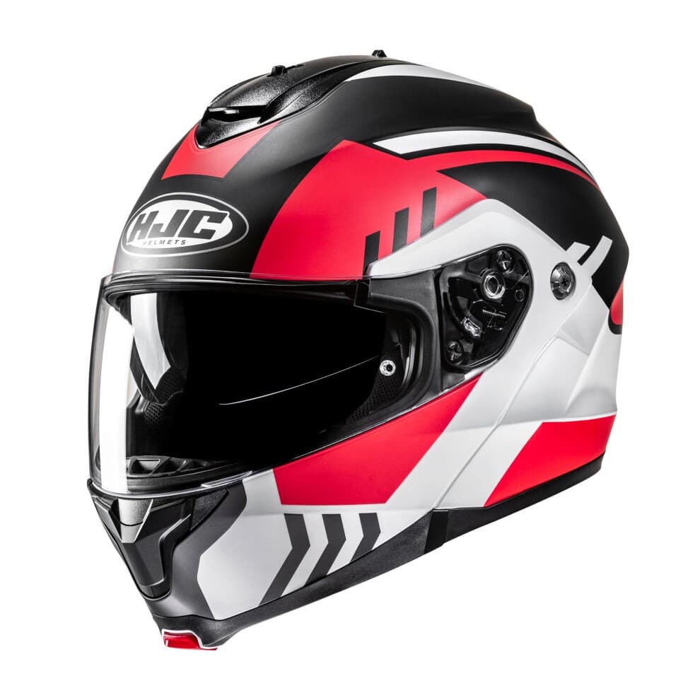 Red and black HJC C91N Kaon flip front motorcycle helmet with a glossy finish, featuring a tinted visor, ventilation ports, and striking graphic design elements.