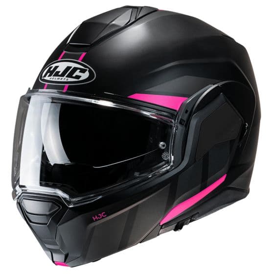 HJC I100 Beis Ladies Flip Front Motorcycle Helmet in black with pink accents, featuring a clear visor, aerodynamic design, and a comfortable fit for XS size.