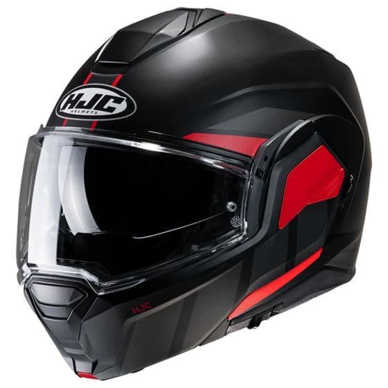 HJC I100 Beis Flip Front Motorcycle Helmet in XS size, featuring a sleek black finish with red accents, a clear visor, and a modern aerodynamic design.