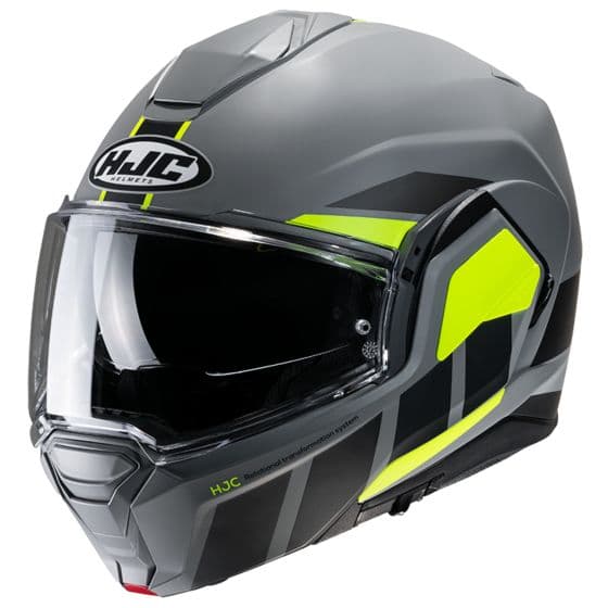 HJC I100 Beis Flip Front Motorcycle Helmet in gray with yellow accents, featuring a clear visor, aerodynamic design, and advanced ventilation system, size XS.