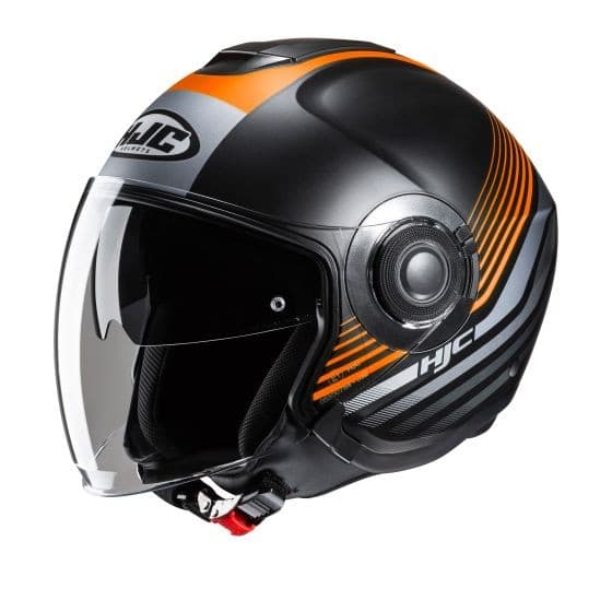 Open face helmet in black with orange and gray stripes, featuring a clear visor, a comfortable interior, and a secure chin strap, designed for motorcycle use.