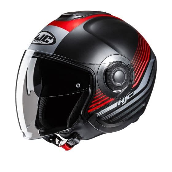 Red and black open face helmet with a glossy finish, featuring a clear visor, ventilation system, and HJC logo on the side.