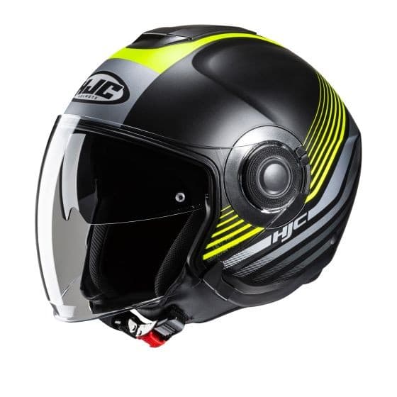 XL HJC I40N Dova open face helmet in black with yellow and gray accents, featuring a clear visor, adjustable ventilation, and a sleek aerodynamic design.