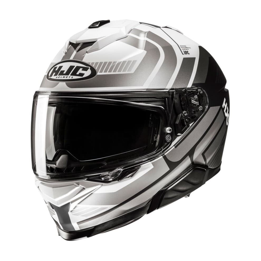 Black full face motorcycle helmet with a sleek design, featuring a glossy finish, integrated visor, and distinctive HJC logo on the front.
