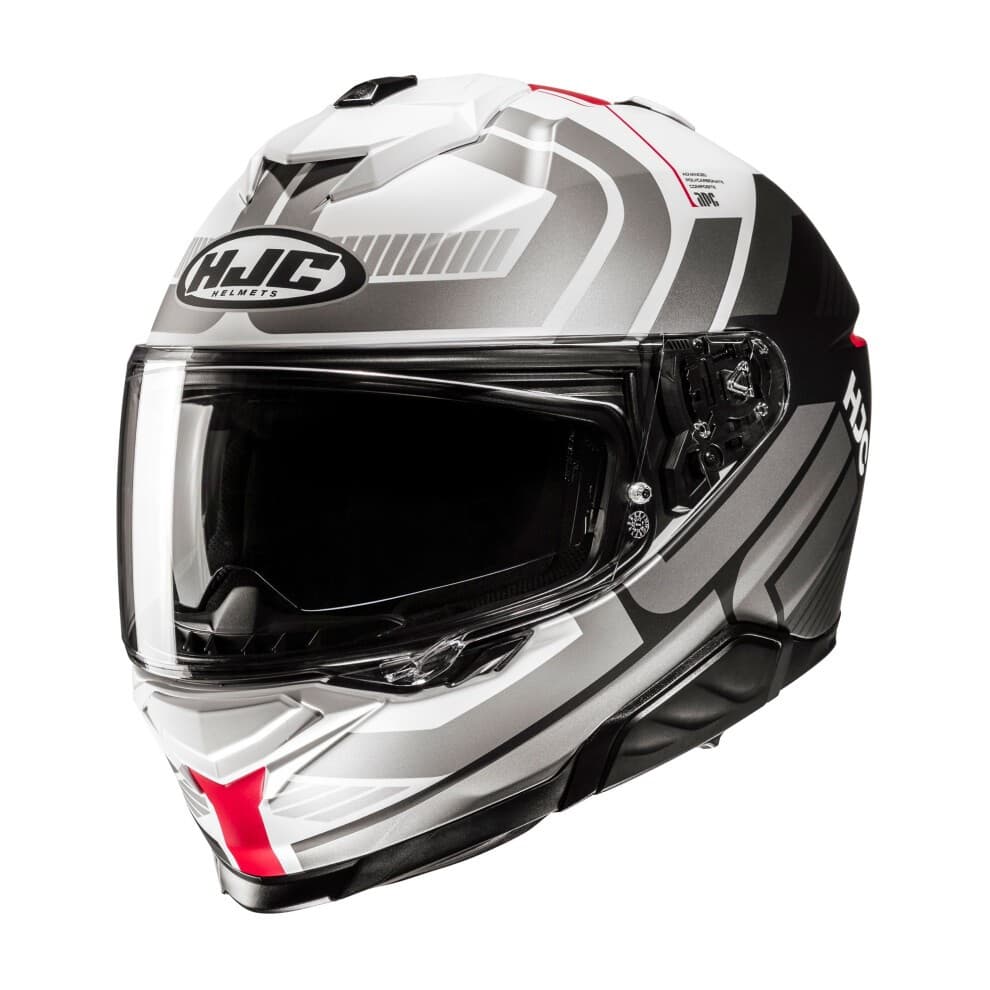 Red and silver full-face motorcycle helmet featuring a sleek aerodynamic design, large visor, and HJC branding on the front.