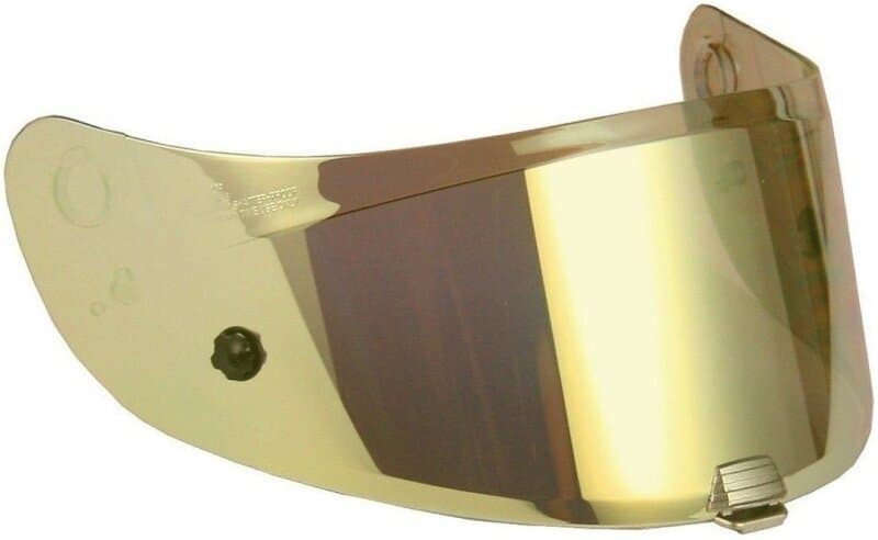 Gold-tinted visor for the HJC XD-15 helmet, featuring a smooth, reflective surface and attachment points on either side for secure fitting.
