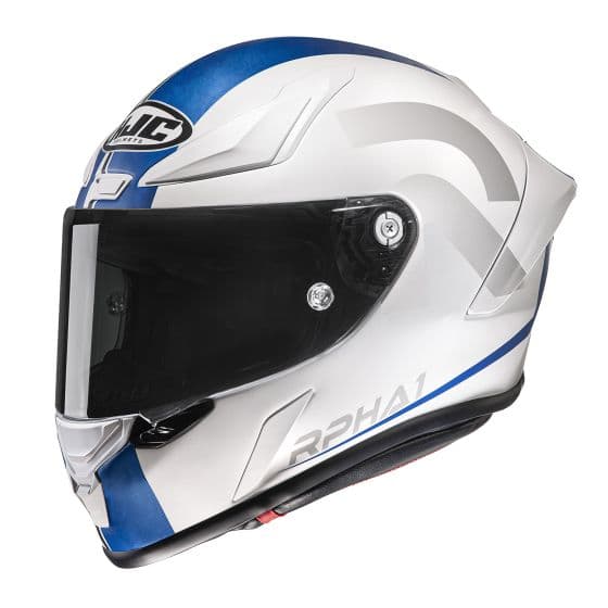 HJC RPHA 1 Senin motorcycle helmet in blue and white, featuring a sleek aerodynamic design, tinted visor, and prominent logo on the front.