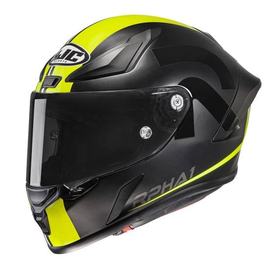 HJC RPHA 1 Senin motorcycle helmet in matte black with vibrant yellow accents, featuring a sleek aerodynamic design, clear visor, and prominent branding.
