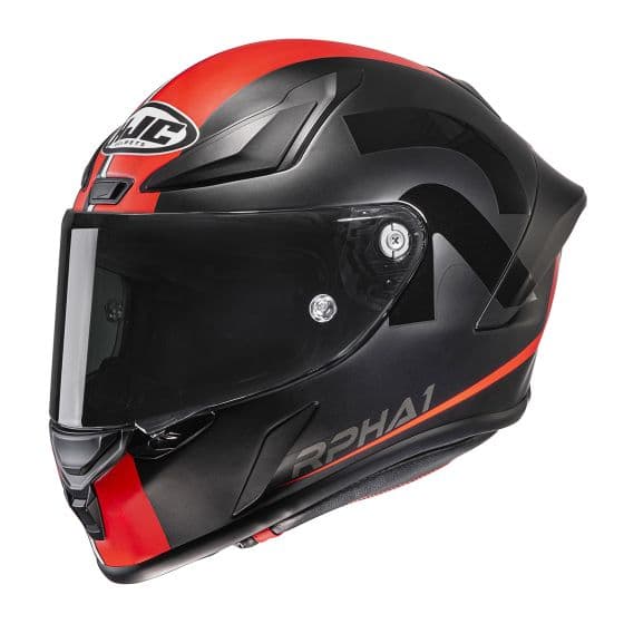 Red and black HJC RPHA 1 Senin motorcycle helmet in size XL, featuring a sleek aerodynamic design, a clear visor, and prominent RPHA1 branding.
