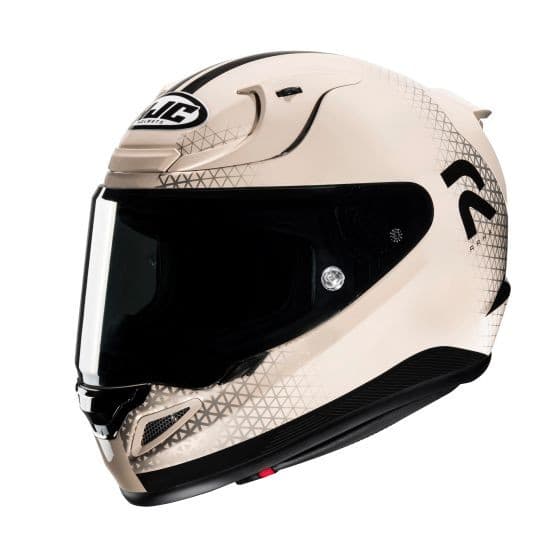 HJC RPHA 12 motorcycle helmet in brown and black, featuring a sleek aerodynamic design, a clear visor, and geometric patterns, sized medium (57-58cm).