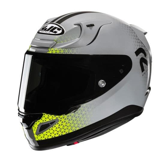 HJC RPHA 12 Graphic Motorcycle Helmet in yellow and grey, featuring a sleek aerodynamic design, a tinted visor, and a distinctive geometric pattern. Size X-Small (54-55cm).