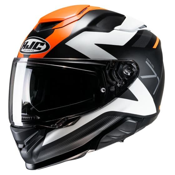 HJC RPHA 71 graphic motorcycle helmet in orange, black, and grey, featuring a sleek aerodynamic design, tinted visor, and ventilation ports, sized small (55-56cm).