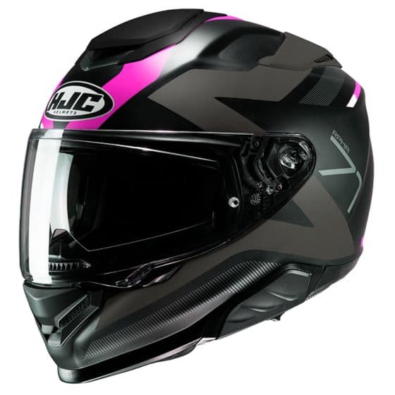HJC RPHA 71 Pinna Full Face Helmet in black with pink accents, featuring a sleek aerodynamic design, clear visor, and ventilation ports for enhanced airflow.