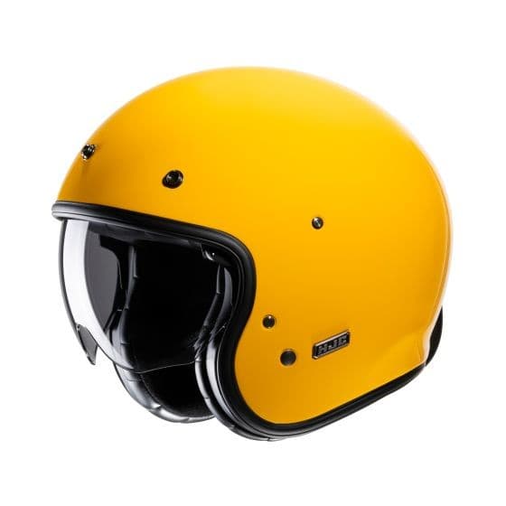 Glossy yellow HJC V31 motorcycle helmet in 2X-Large size, featuring a sleek design, black trim, and a clear visor for visibility.