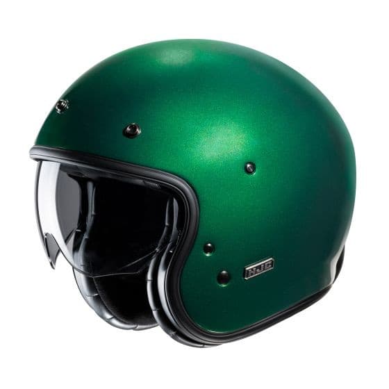 Green HJC V31 open face helmet in XL size, featuring a sleek matte finish, a black visor, and a comfortable padded interior.
