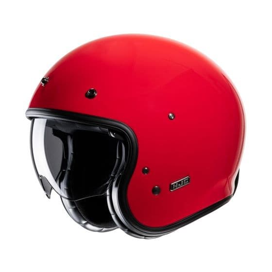 Red HJC V31 Plain Motorcycle Helmet in X-Small size (54-55cm) featuring a glossy finish, black accents, and a clear visor for visibility.