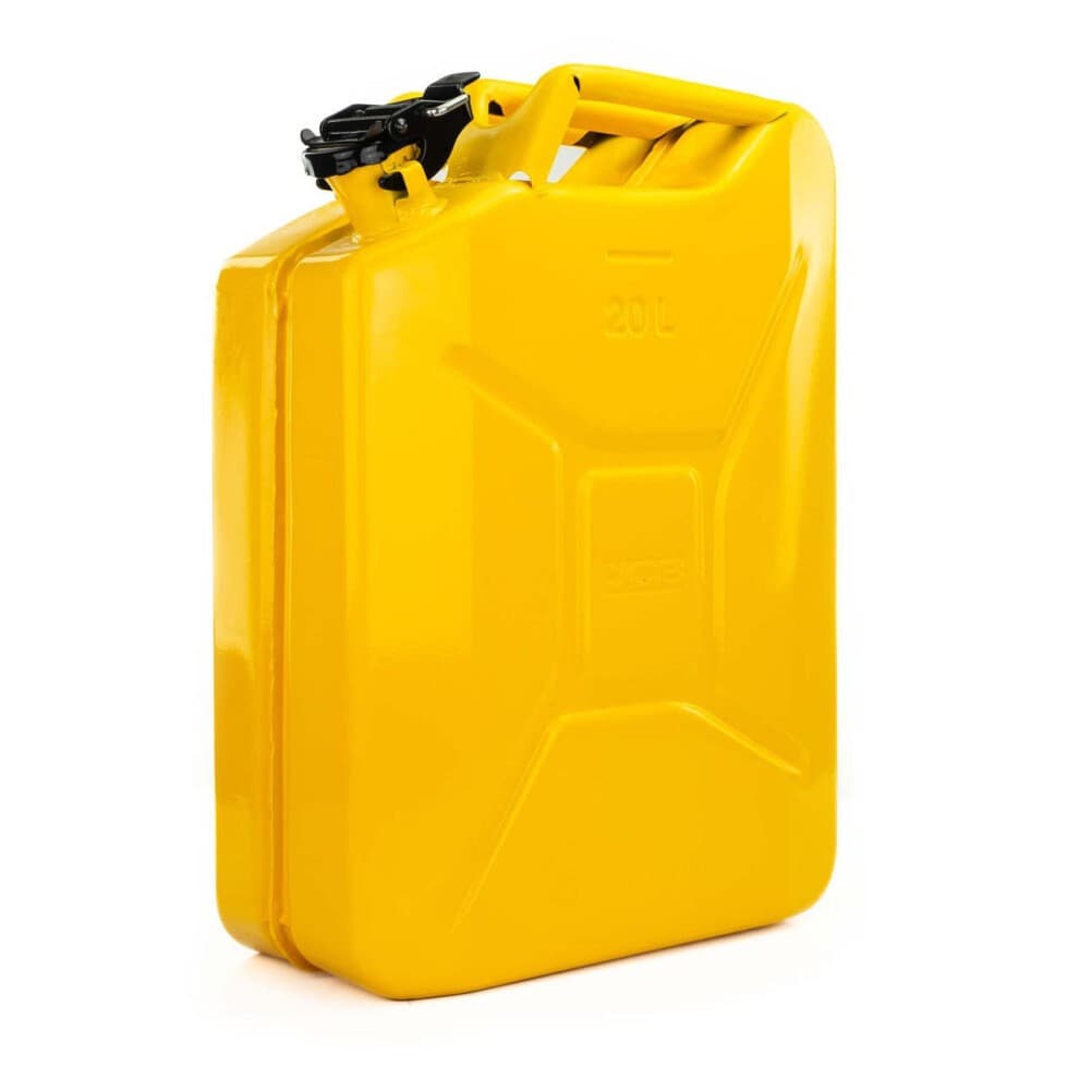 Bright yellow 20-liter jerry can made of durable plastic, featuring a secure black screw cap and a sturdy handle for easy transport.