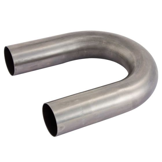 Polished stainless steel 180-degree exhaust bend with a 2.5-inch diameter, featuring smooth curves and a seamless design for optimal exhaust flow.