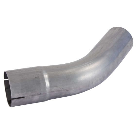 45-degree exhaust bend made of mild steel, featuring a shiny metallic finish, measuring 3.5 inches in diameter with a smooth, curved design.