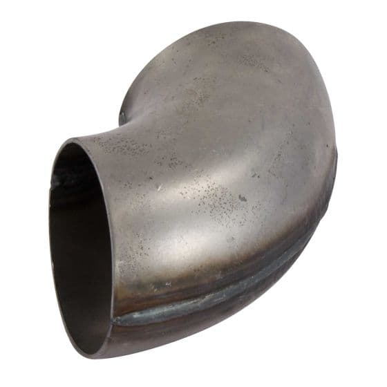 Stainless steel 90-degree exhaust bend, 2 inches in diameter, featuring a smooth, polished surface with visible welding seams and a curved design for optimal exhaust flow.
