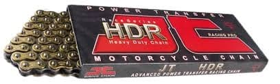 Jt Drive Chain JTC520HDR112SL features a gold and black design, 112 links, and is labeled as a heavy-duty motorcycle chain in a branded packaging.
