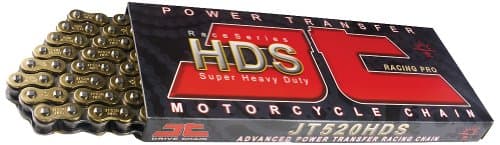 Gold and black 116-link 520 HDS ultimate competition drive chain by JT Sprockets, featuring a super heavy-duty design and packaged in a branded box.