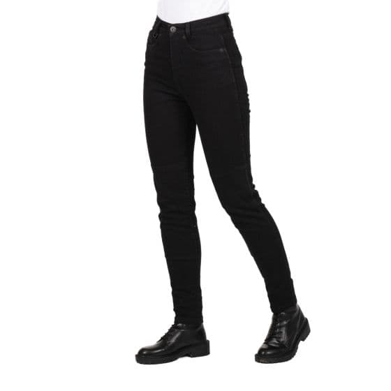 Black short leg motorcycle denim jeans for ladies by Knox, featuring a slim fit, high waist, and durable material, paired with black boots.
