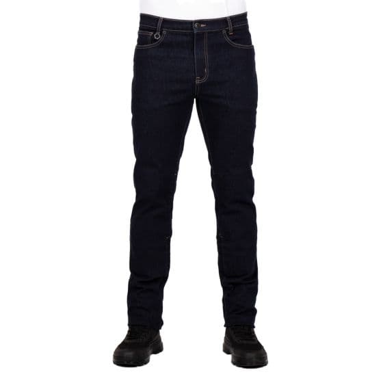 Knox Calder Short Leg Motorcycle Denim Jeans in indigo blue, featuring a slim fit, sturdy denim material, and contrasting stitching, available in size small.