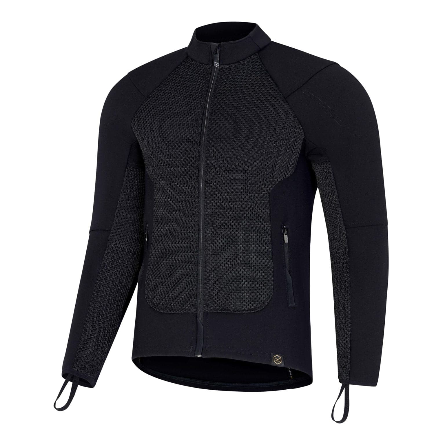 Black Knox Honister Protector Jacket Level-2 in size S features a sleek design with breathable mesh panels, a front zipper, and adjustable cuffs for a secure fit.