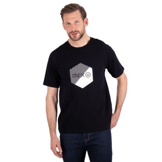 Black Knox Illusion Strip T-Shirt in size small featuring a white geometric graphic on the chest, made from soft cotton material, styled with short sleeves.