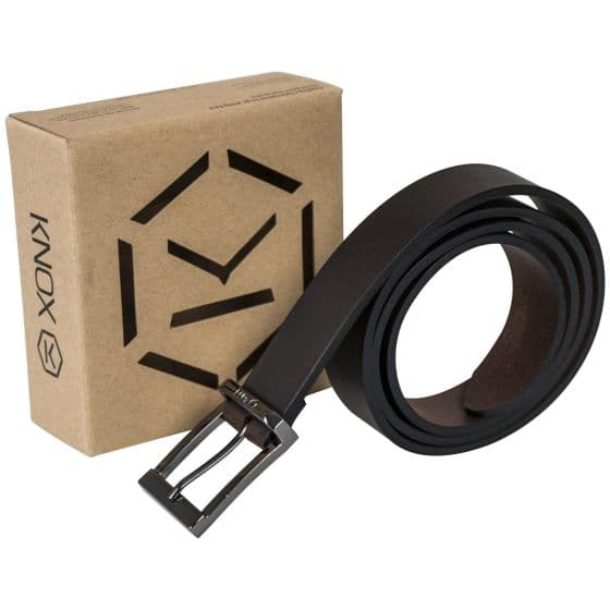 Brown leather belt by Knox, featuring a sleek design with a silver metal buckle, packaged in a minimalist brown box with the Knox logo.