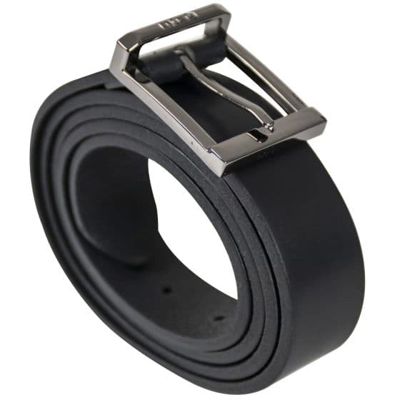 Black leather belt with a sleek, smooth finish and a polished silver buckle, featuring multiple holes for adjustable sizing.