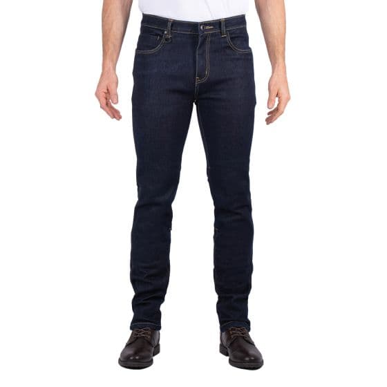 Knox Men's Shield Motorcycle Jeans in XL Short size, featuring a dark blue denim material, slim fit design, and protective armor pockets for safety.