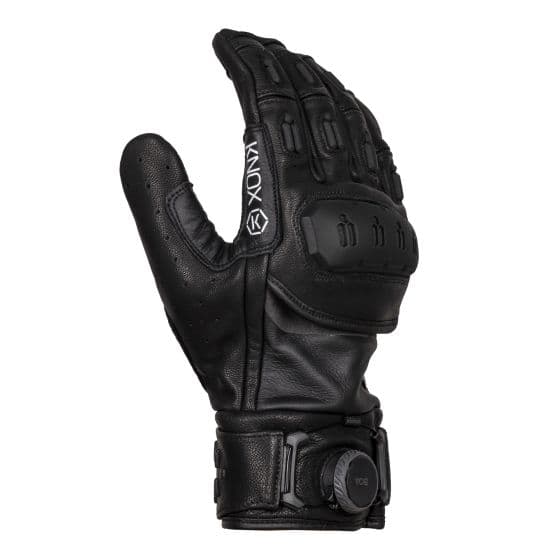 Black leather Knox Orsa MK3 gloves in size M, featuring knuckle protection, adjustable wrist strap, and textured grip for enhanced performance.