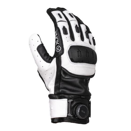 Black and white Knox Orsa Leather MK3 gloves in size M, featuring a padded knuckle area, perforated leather for breathability, and a secure wrist closure.